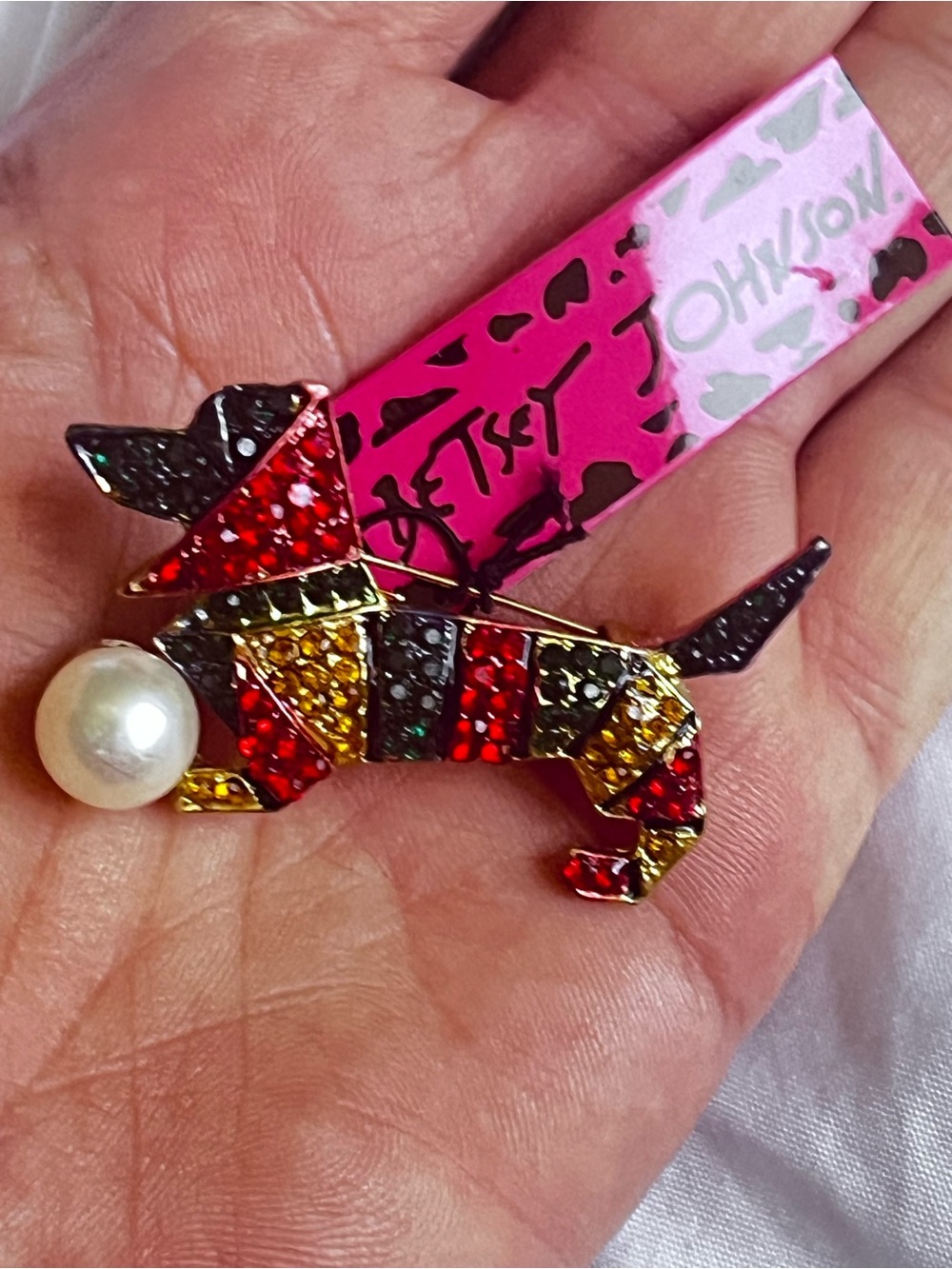 Betsey Johnson Multicolor Rhinestone Dachshund Brooch with Pearl Accent